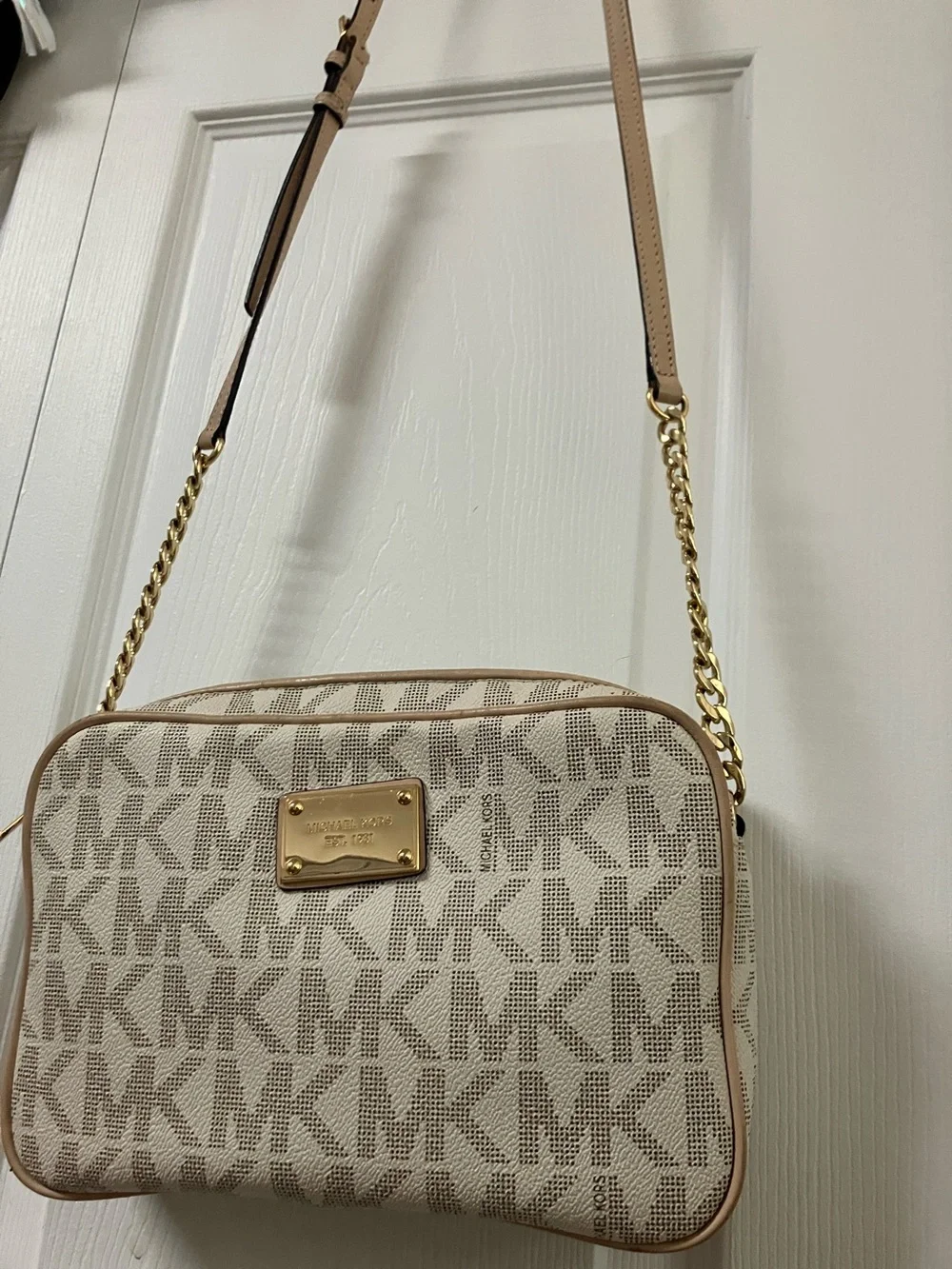 Michael Kors Beige Logo MK Signature Crossbody with Gold Chain
